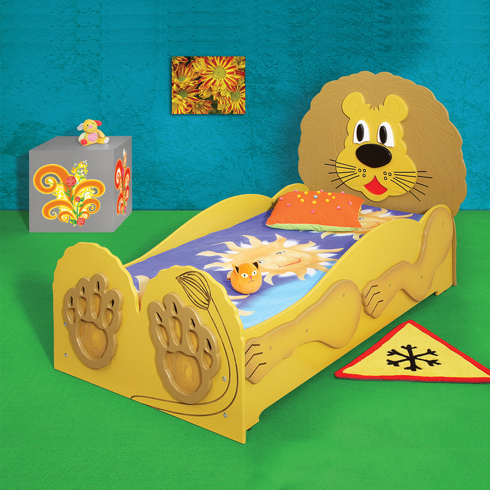 Kinderbed Leeuw 205×97x118 – Bruin, een kinderbed met een leeuwenkop, ideaal om te nestelen in een vrolijke junglesfeer.