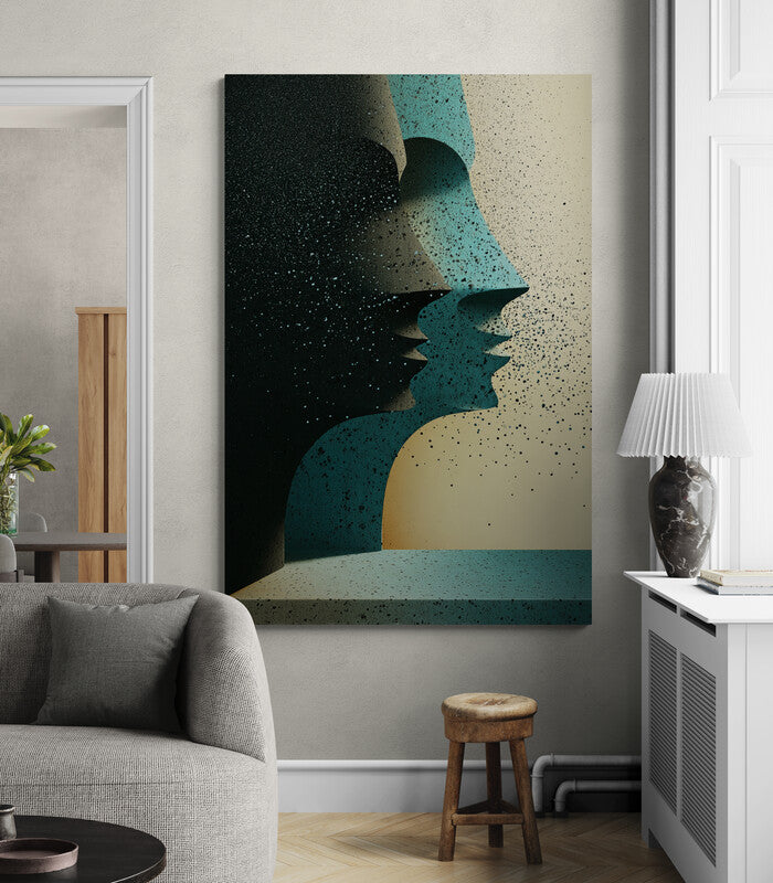 Abstract Faces vaas in een interieursetting met een ventilatierooster, schaal en lamp, passend bij Furndaily's veelzijdige meubelaanbod voor elke kamer in huis.