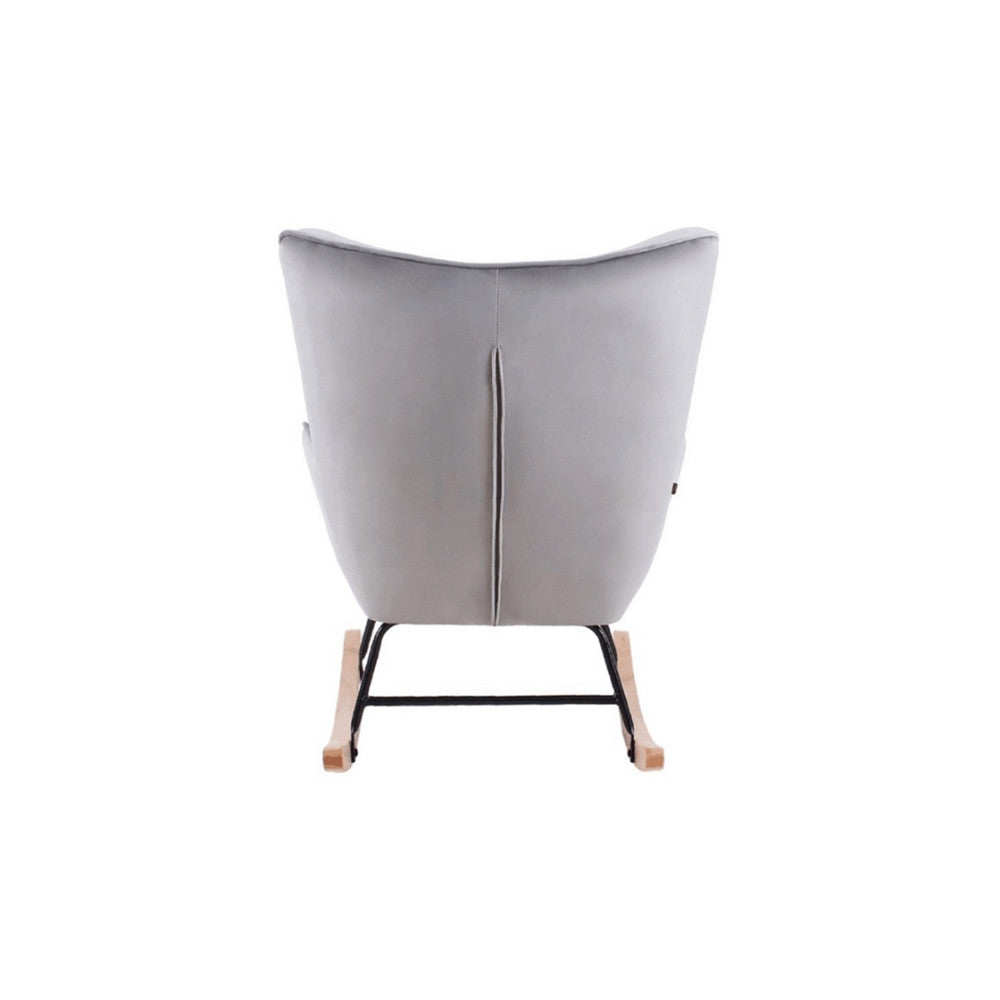 Aemely® Schommelstoel 'Steerne' met grijs velvet, houten poten; stijlvol design met gecapitonneerde rugleuning, ideaal voor comfort in babykamer of woonkamer.