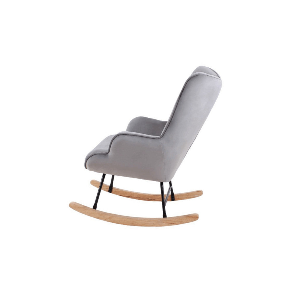 Aemely® Schommelstoel 'Steerne' met grijs fluweel en houten poten, ideaal voor comfort in woon- of babykamer, biedt stijlvol zitcomfort met gecapitonneerde rugleuning.