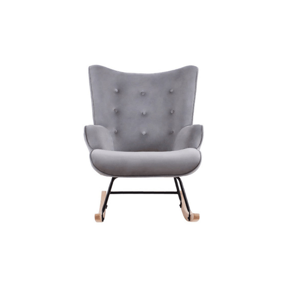 Aemely® Schommelstoel 'Steerne' in grijs velvet met blank houten poten, ideaal voor comfort in de babykamer of woonkamer.