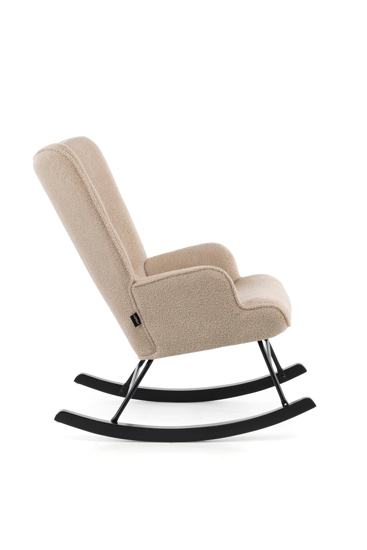 Aemely® Schommelstoel 'Mama' met beige teddybekleding en zwart houten poten, ideaal voor comfort in baby- of woonkamer.