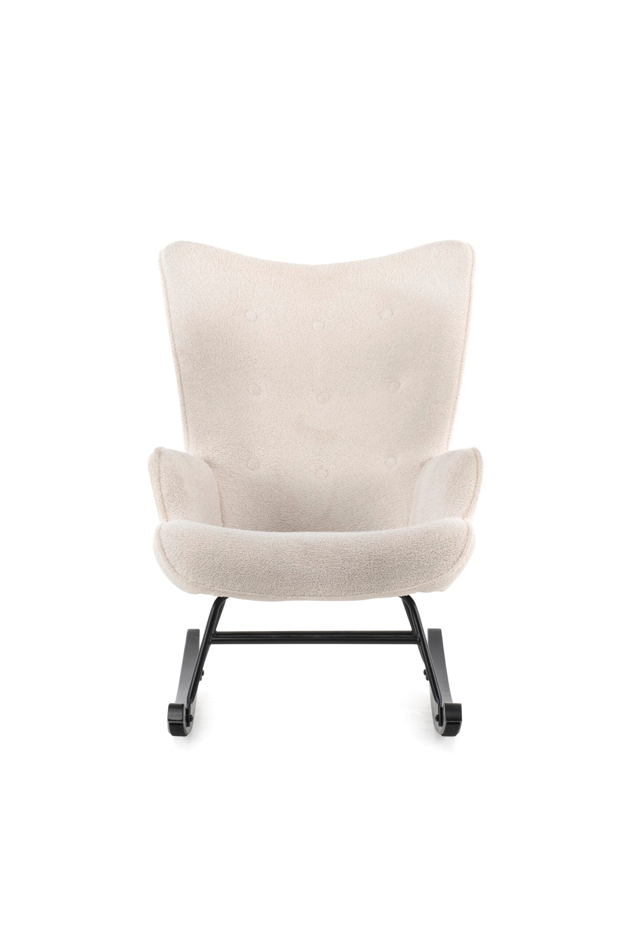 Aemely® Schommelstoel Mama met witte teddy schaapjesstof en zwart houten frame, perfect voor comfort in de babykamer of woonkamer, met zachte bekleding en stevige constructie.