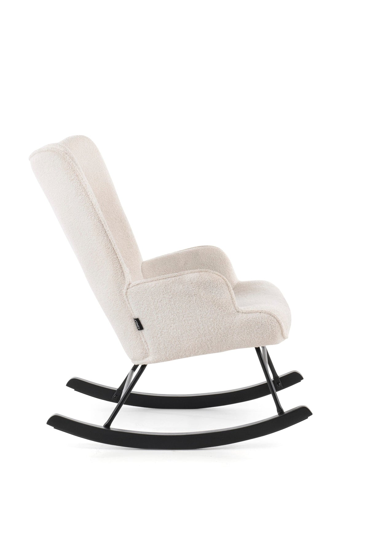 Aemely® Schommelstoel Mama met witte teddy schaapjesstof, zwarte poten van beukenhout en stalen frame, ideaal voor comfort in babykamer of woonkamer.