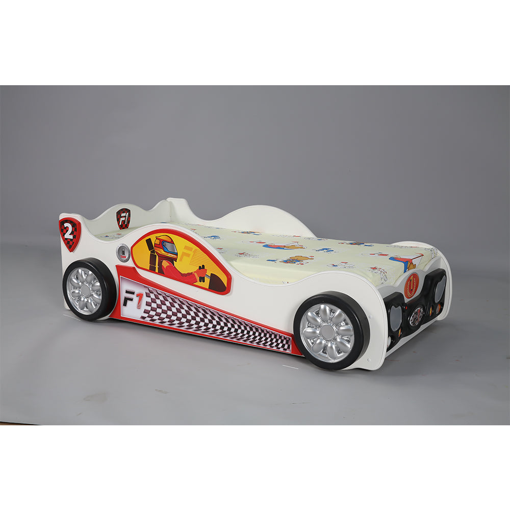 Raceauto Kinderbed Monza Mini 171×97 – Wit, een stoer kinderbed in raceautodesign met wielen en checkered details, perfect voor kleine snelheidsduivels.