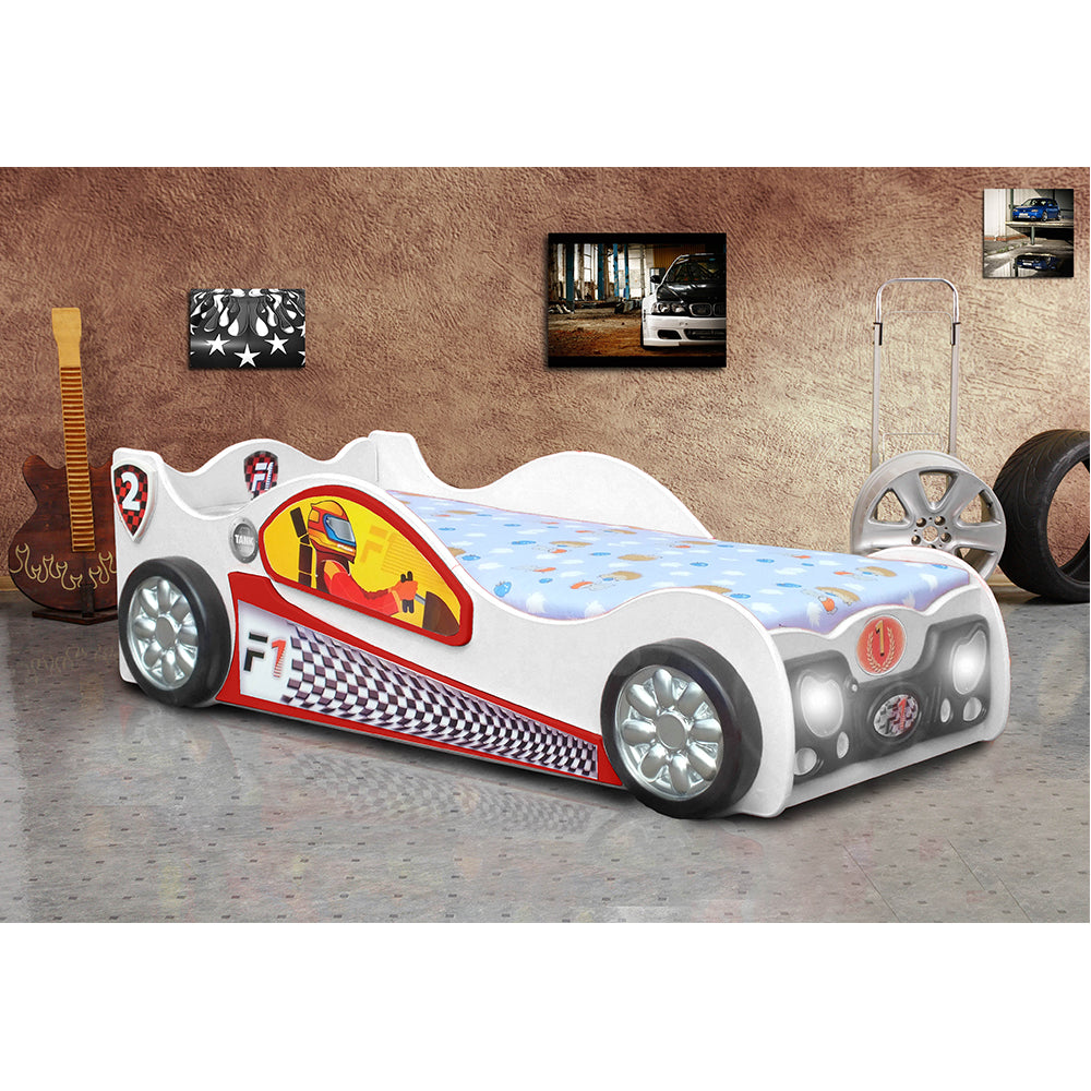 Raceauto Kinderbed Monza Mini 171×97 – Wit, met raceauto-ontwerp en wielen, perfect voor jonge snelheidsduivels. Gemaakt van MDF en kunststof, eenvoudig te monteren.