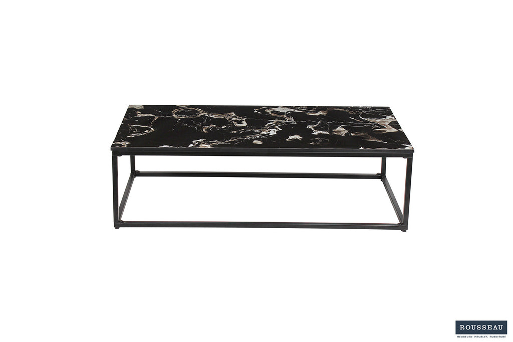 Salontafel 'Livorno' Composiet Marmer Zwart, modern ontwerp met zwart-wit marmerenlook blad en metalen structuur. Geschikt voor stijlvolle woonruimtes.