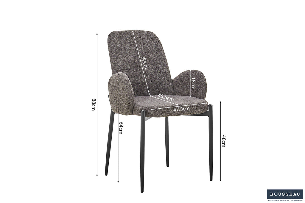 Stoel 'Bilbao' Bouclé Grijs met metalen poten en bouclé bekleding, ontworpen voor veelzijdig gebruik in huiselijke ruimtes. Verpakt per twee in een doos.