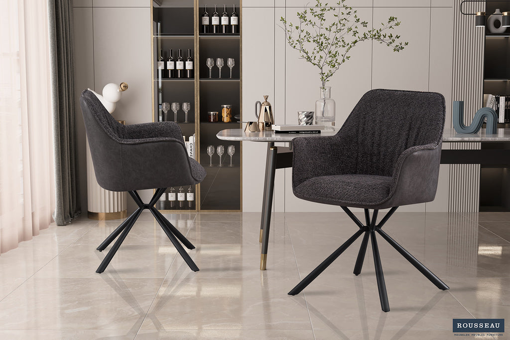 Twee 'Lucie' bouclé stoelen grijs met PU rugleuning naast een tafel, geschikt voor diverse interieurstijlen, benadrukt door Furndaily’s meubelassortiment.