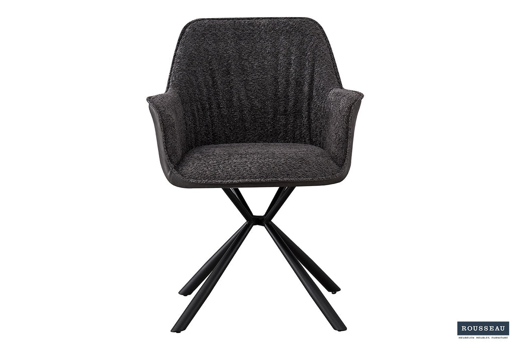 Stoel 'Lucie' met armleuningen, bouclé grijs, lichtgrijze PU-rug. Set van twee, metalen poten, polyester bekleding, ideaal voor elk interieur.