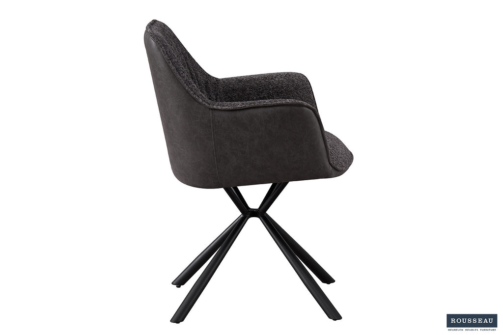 Stoel 'Lucie' Bouclé Grijs Rug PU met zwarte poten, geschikt voor elke ruimte in huis. Verkrijgbaar in sets van twee.