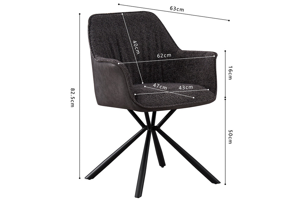 PROMO - Stoel 'Lucie' Bouclé Grijs Rug PU Lichtgrijs, een stijlvolle zwarte stoel met metalen poten en polyester bekleding, geschikt voor elke woonruimte.