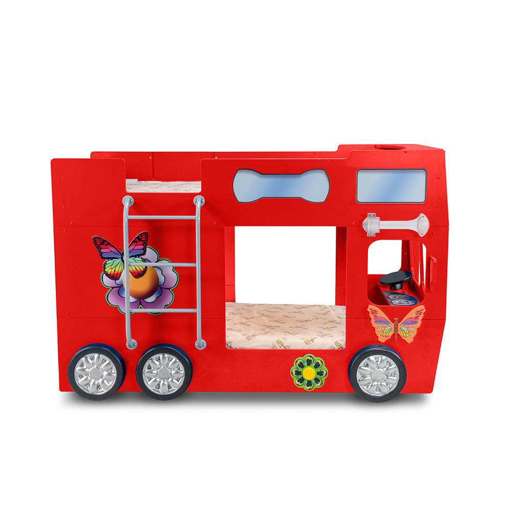 Kinderbed Happy bus 210×115×145– Rood, een speels dubbeldekker kinderbed met wielen, ideaal voor kinderen, gemaakt van MDF en kunststof, geleverd gedemonteerd.