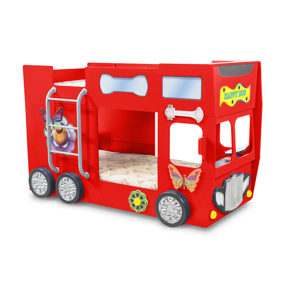 Kinderbed Happy bus 210×115×145– Rood, een speels dubbeldekker kinderbed met MDF en kunststof, ideaal voor ontspanning na een dag vol speelplezier.