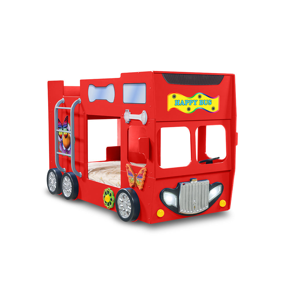 Kinderbed Happy bus 210×115 x145– Rood, een vrolijk dubbeldekker kinderbed met wielen en ruimte voor twee, ideaal voor speelse kinderkamers.