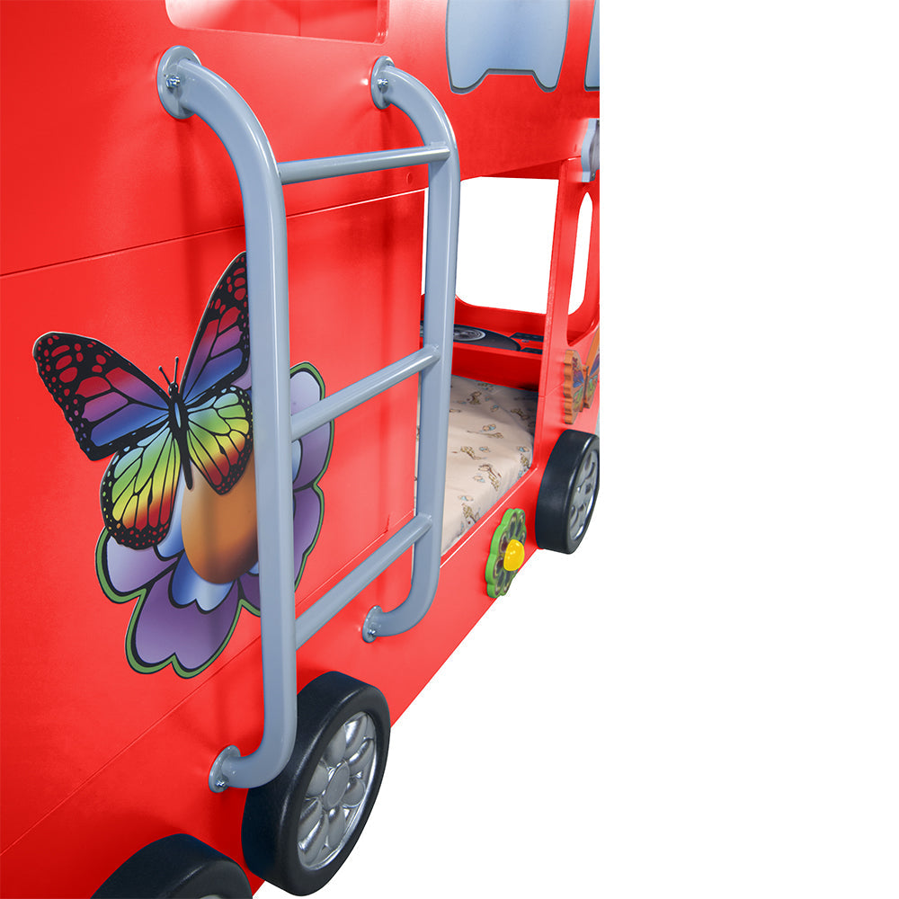 Kinderbed Happy Bus 210×115×145– Rood, een speels kinderbed in de vorm van een rode dubbeldekker met decoratieve vlinder, ideaal voor rust en speelplezier.