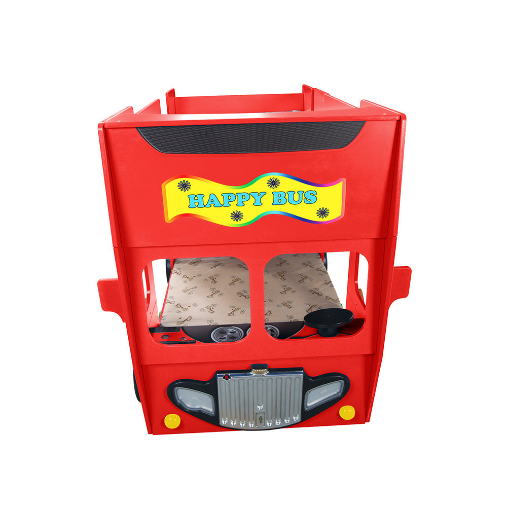 Kinderbed Happy bus 210×115×145– Rood, een dubbeldekker kinderbed met MDF en kunststof, ideaal voor kinderen om te ontspannen na een speelse dag.