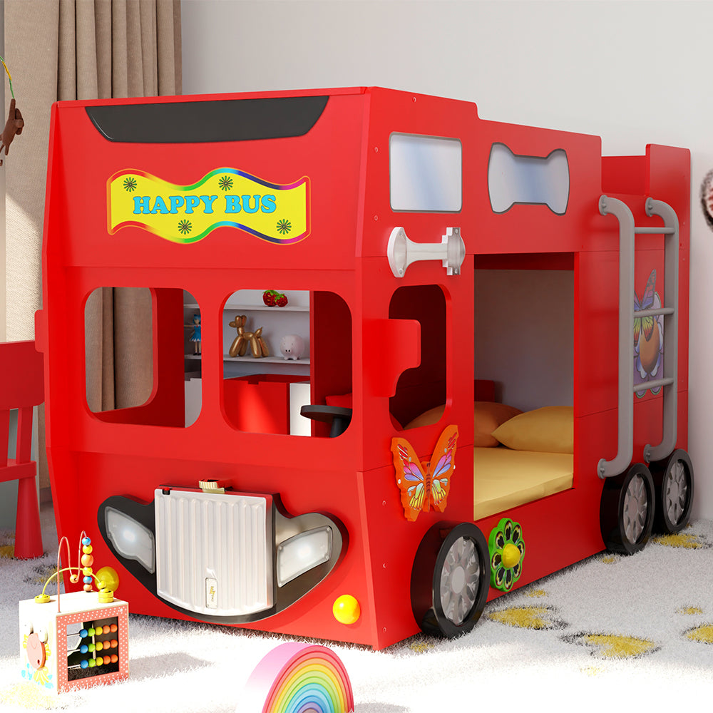 Kinderbed Happy bus 210×115×145– Rood, een dubbeldekker busvormig bed voor kinderen, gemaakt van MDF en kunststof, met ruimte voor rust na speelplezier.