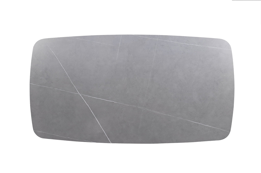 Salontafel 'Apollo' 130 cm Deens ovaal met een grijs stenen blad en witte lijnen, structuur metaal.