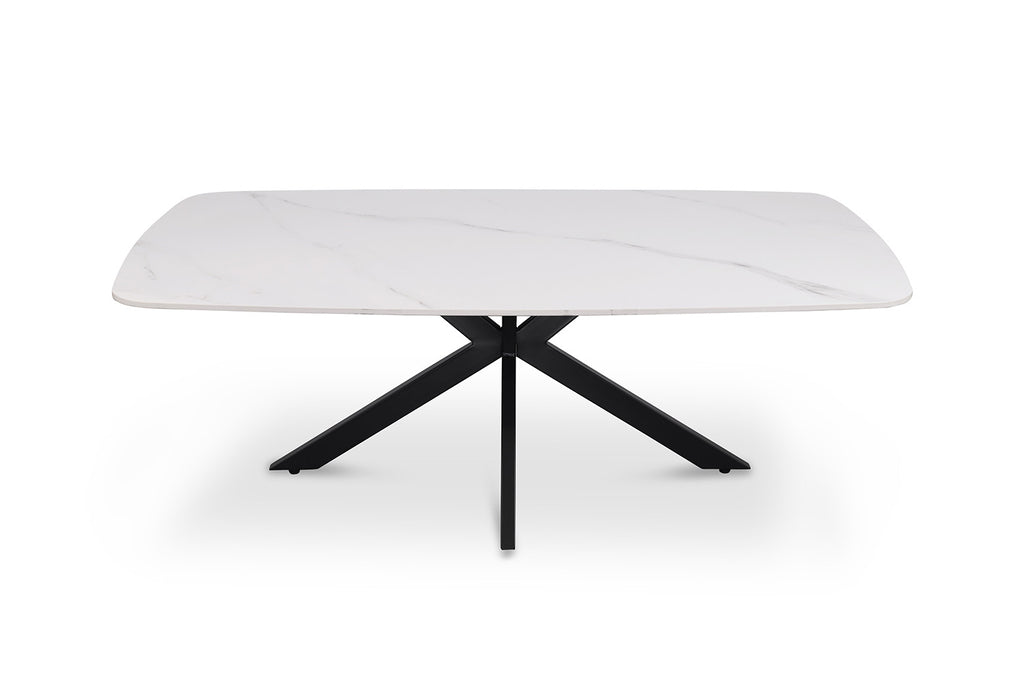 Salontafel 'Apollo' 130 cm, Deens ovaal ontwerp met wit stenen blad en zwarte metalen poten, ideaal voor moderne interieurs.