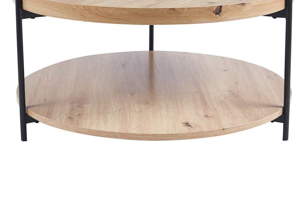 Salontafel 'Dalina' 80 cm met een metalen plank en MDF decor blad met opstaande rand, weergegeven op een houten oppervlak.