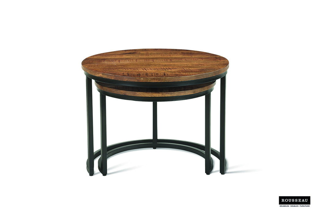 Salontafel 'Goja' 2-delig van mango hout, bestaande uit een set ronde tafels met metalen structuur, geschikt als bijzet- of eindtafel.