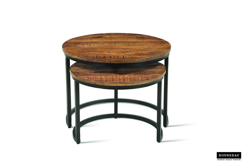 Salontafel 'Goja' 2-delig Mango Hout met metalen poten en exotisch mango houten bladen, bestaande uit twee ronde tafels.