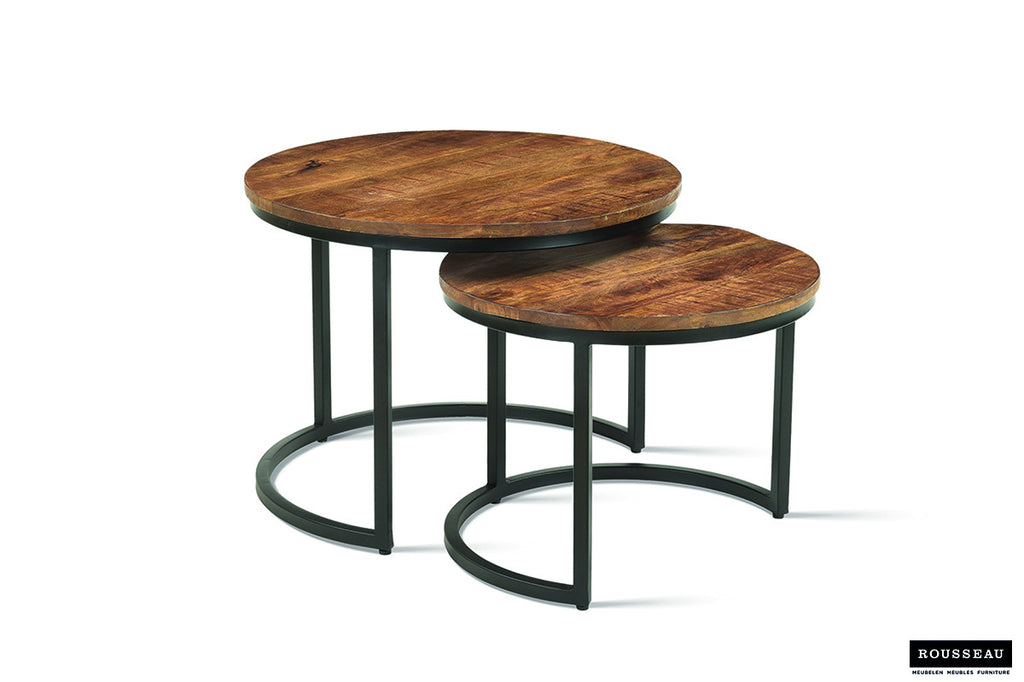Salontafel 'Goja' 2-delig, met twee ronde tafels. Structuur van metaal en bladen van exotisch Mango hout.