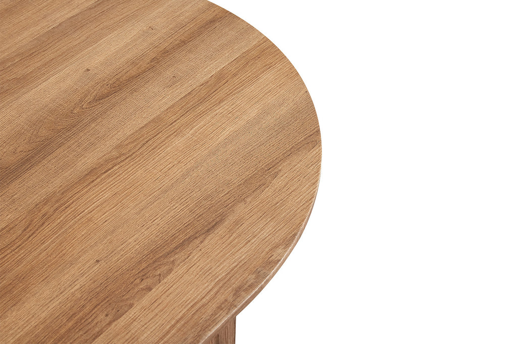 Salontafel 'Lagos' 50 cm rond, close-up van MDF structuur met 3D-papier, toont verfijnde houtafwerking en vakmanschap, geschikt voor elke moderne woonkamer.