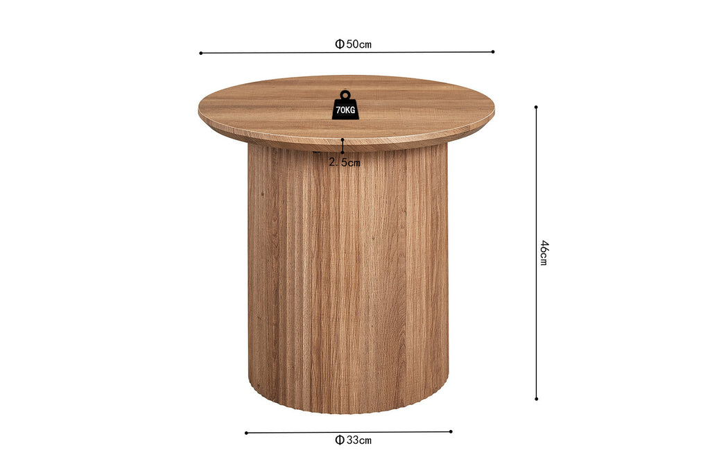 Salontafel 'Lagos' 50 cm rond, MDF structuur met 3D papier, hoogte 2 cm, op houten oppervlak met weegschaal.