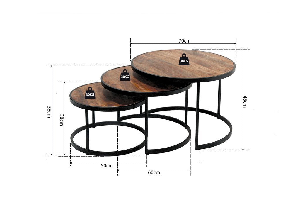 Salontafel 'Lennox' 3-delig, metaalstructuur, exotisch mangohouten blad, inclusief tafelafmetingen en stapelbare ronde tafels op houten oppervlak.