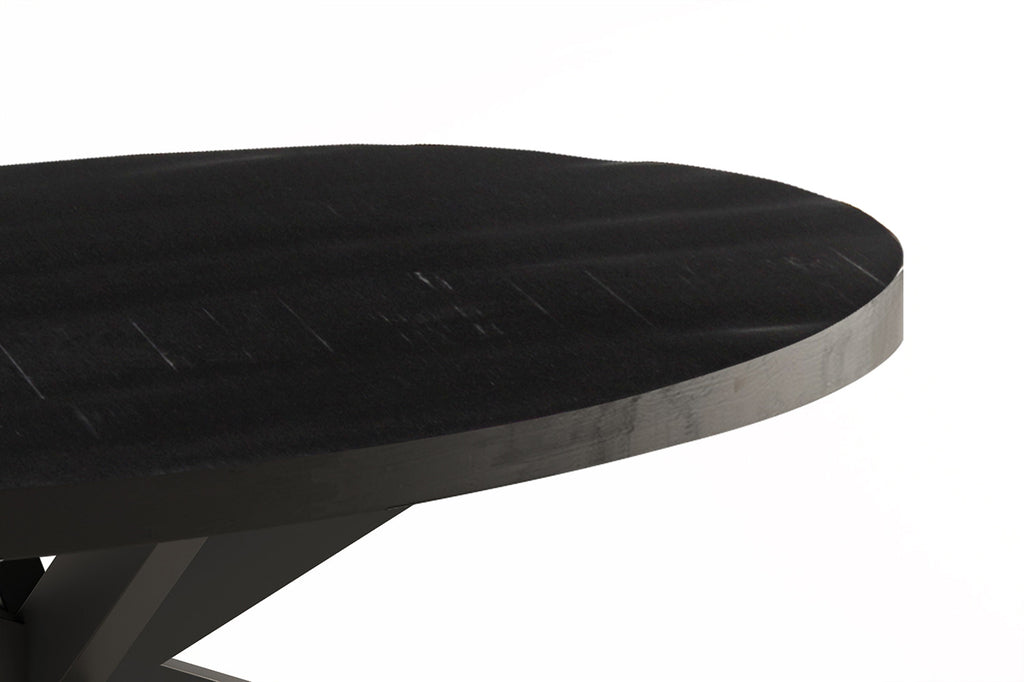 Salontafel 'Madeira' Ovaal, gemaakt van exotisch Mango hout met metalen structuur, zichtbare details van het tafelblad en ontwerp.