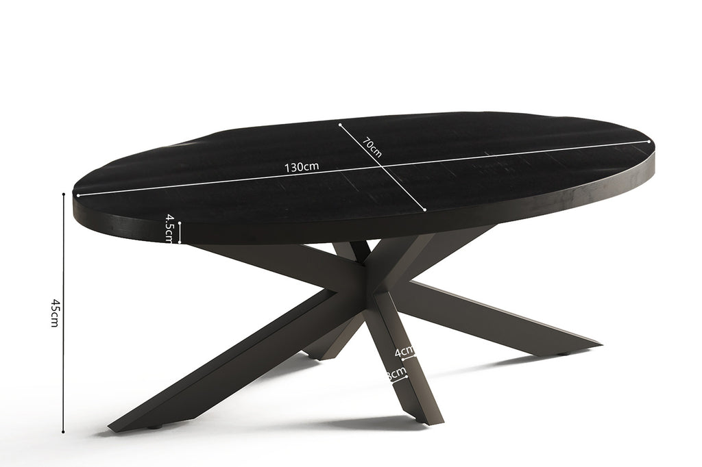 Salontafel 'Madeira' Ovaal in zwart Mango hout met metalen structuur, toont een zwart tafelblad met witte markeringen en een metalen poot.