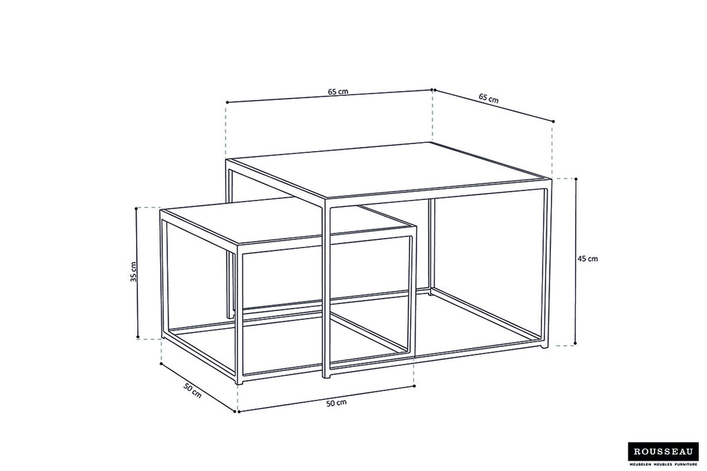 Salontafel 'Quinn' 2-delig, tekening toont metalen structuur en exotisch mango houten blad, ontwerp met tafel- en plankeigenschappen.