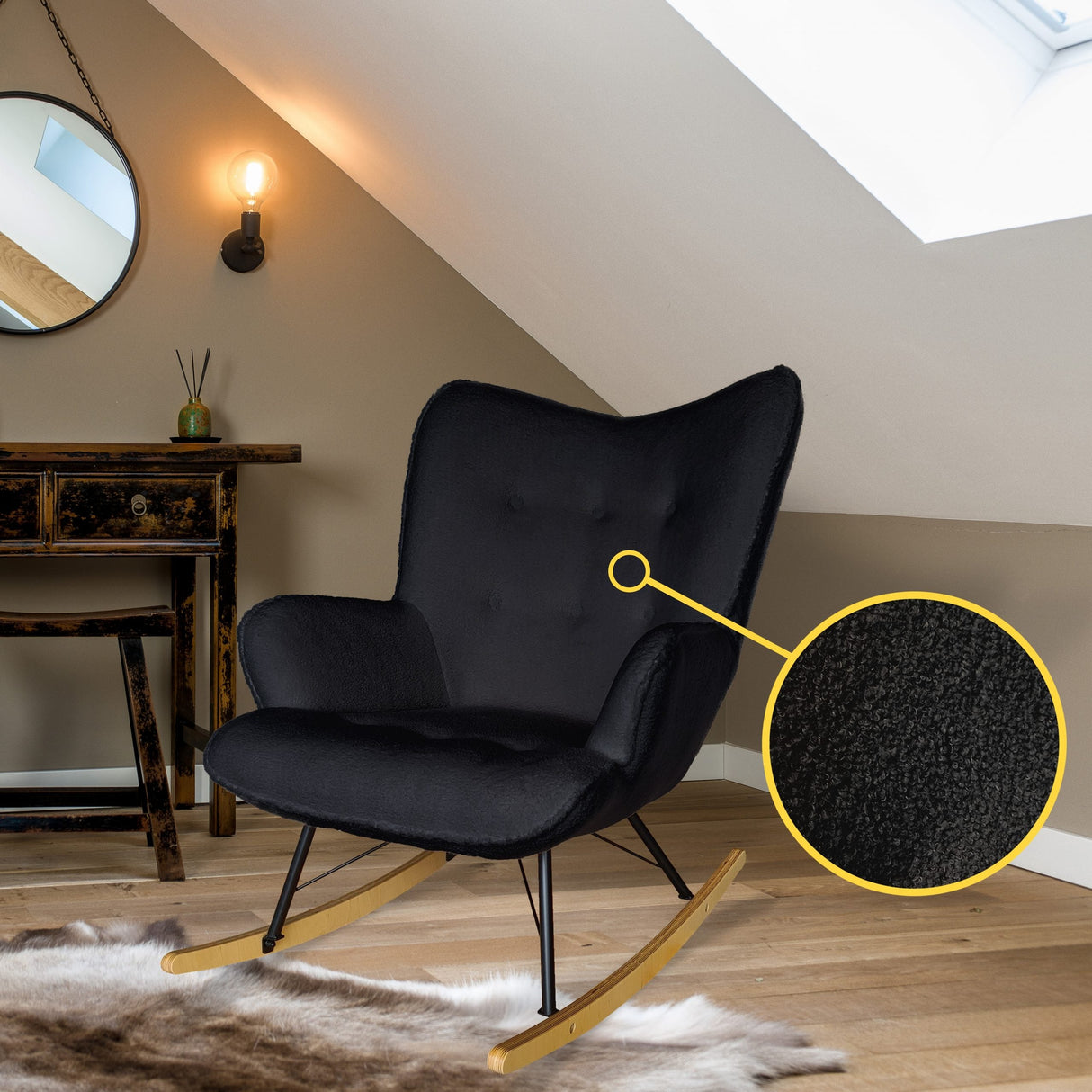 Aemely® Schommelstoel 'Cherub' in zwart teddy stof, elegante fauteuil met comfortabele vulling, ideaal voor woon- of babykamer, met massief beukenhouten poten.