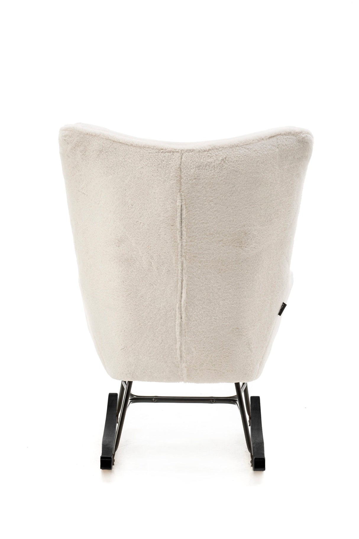 Aemely® Schommelstoel Mama met wit imitatiebont, zwarte beuken poten, en metalen frame, ideaal voor babykamers en woonkamers. Comfortabel en stijlvol design.