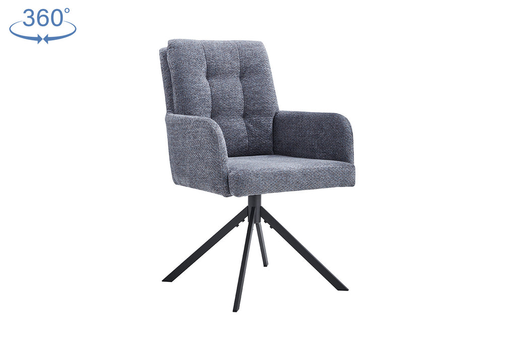Stoel 'Granada' met zwarte poten en armleuningen, draaibaar tot 0, donkergrijze bekleding, geschikt voor diverse ruimtes. Verkocht per 2 bij Furndaily.
