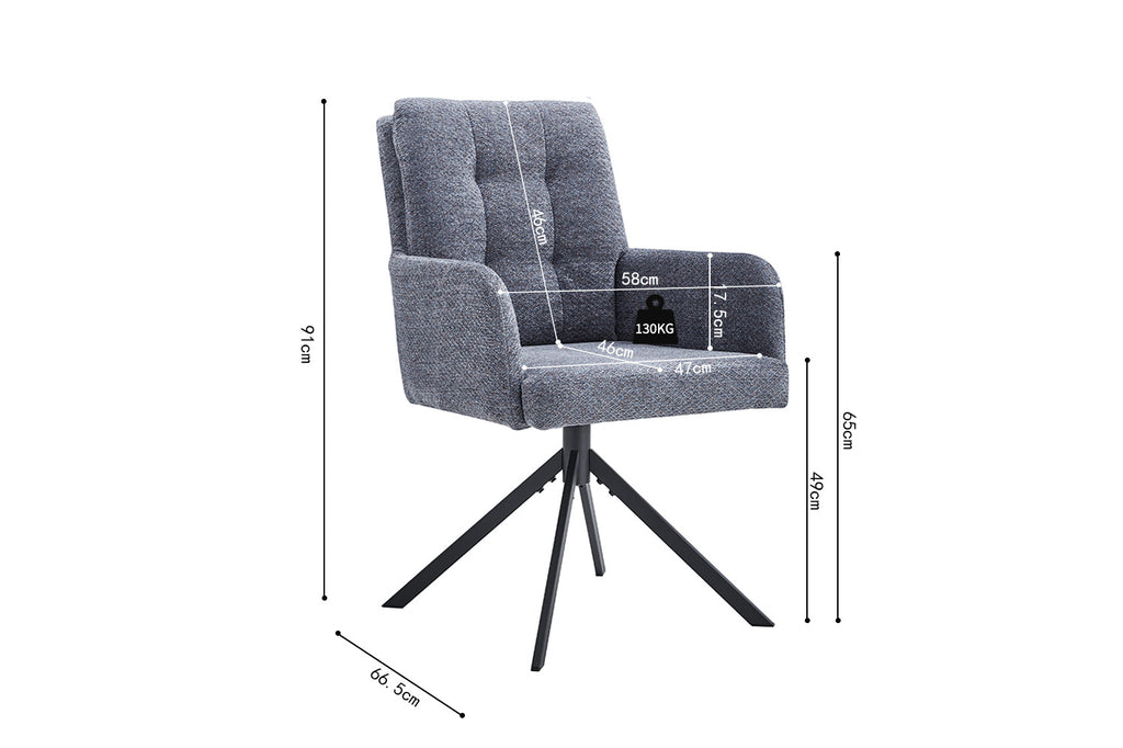 Stoel 'Granada' Draaibaar tot 0 Stof Davis Bliss 75-73 Donkergrijs, moderne draaistoel met metalen poten, verkrijgbaar in sets van twee.