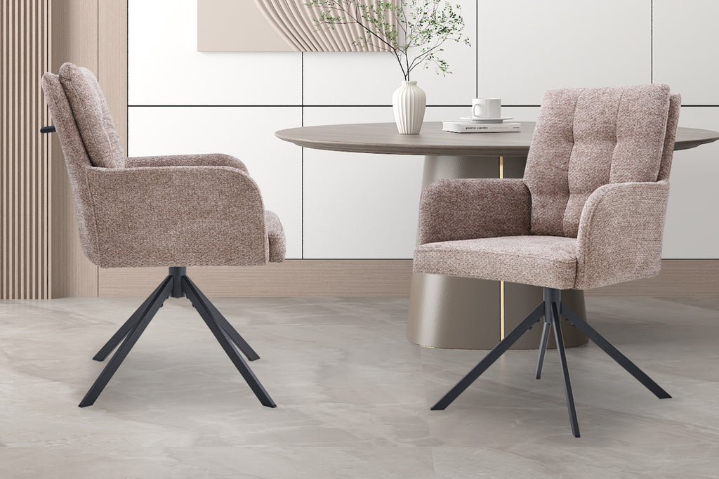 Stoel 'Granada' draaibaar, metaal en stof, naast een tafel met vaas; verkocht als set van twee bij Furndaily.