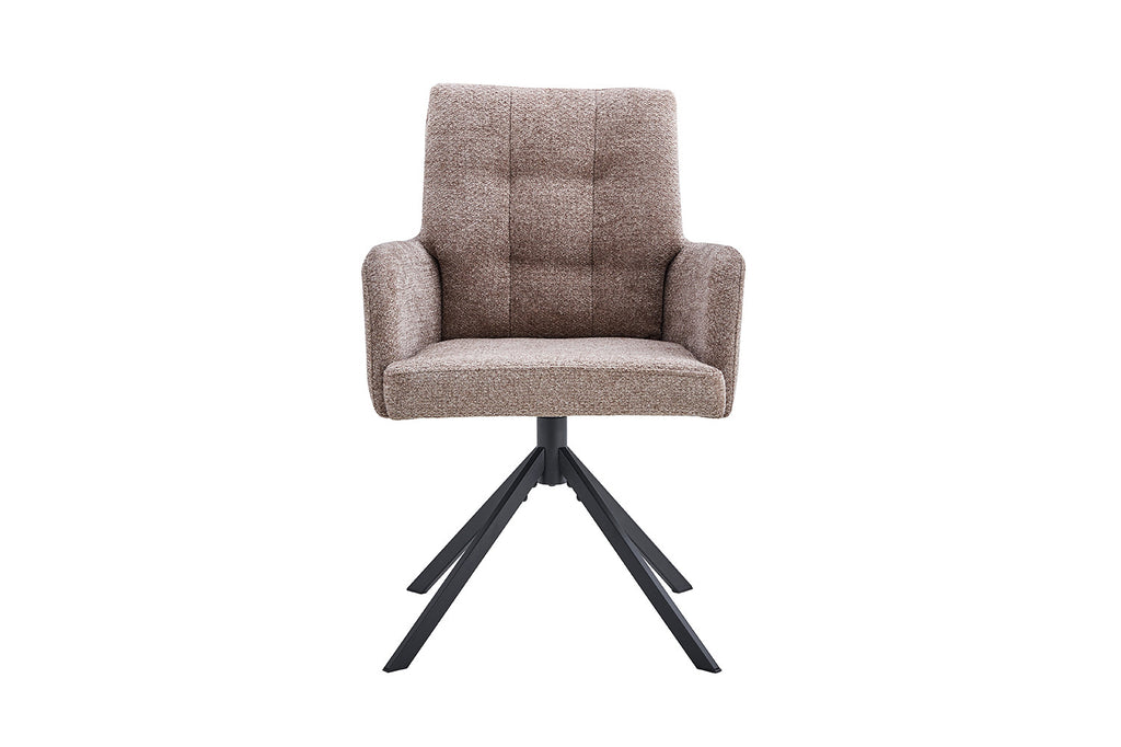 Stoel 'Granada' Draaibaar tot 0 Stof Davis Bliss 75-18 Zand met armleuningen, bruine bekleding en zwarte poten, geschikt voor moderne interieurs. Verkocht per twee bij Furndaily.