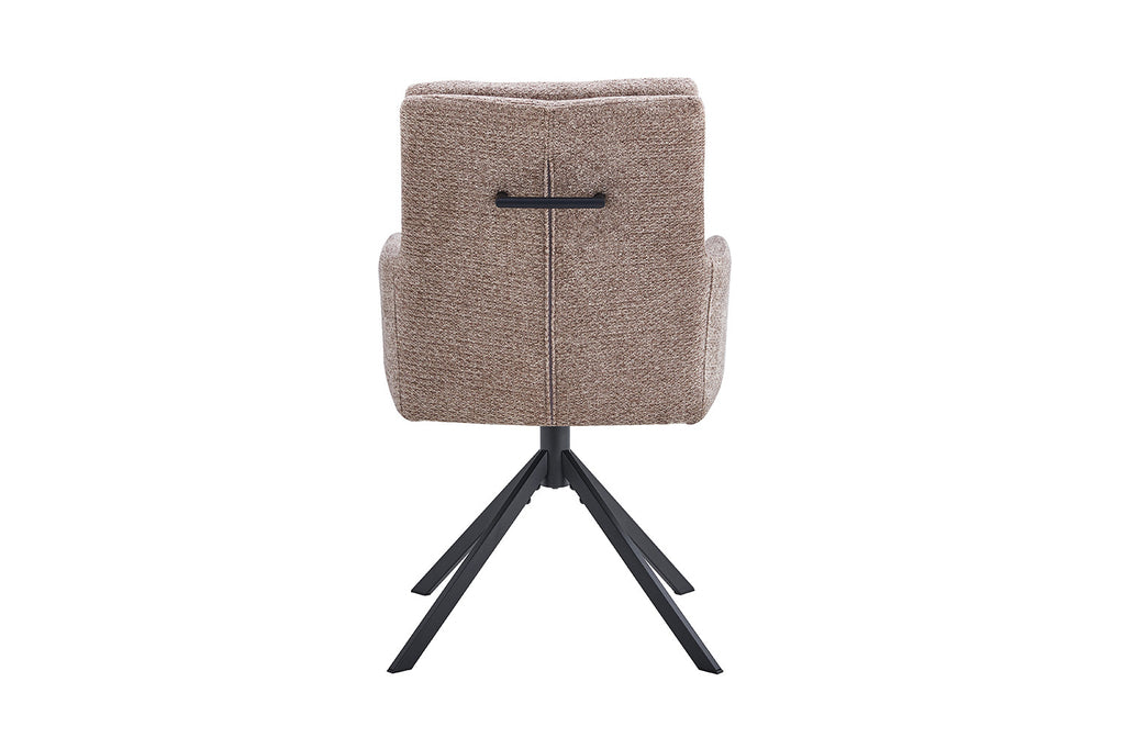 Stoel 'Granada' met draaibare metalen basis en stoffen bekleding, zichtbaar vanaf de rugleuning. Verkocht per twee bij Furndaily.