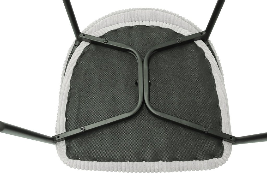 Stoel 'Hugo' Corduroy Lichtgrijs, een comfortabele zwarte en witte gestoffeerde stoel met metalen poten, verkrijgbaar in een set van twee.