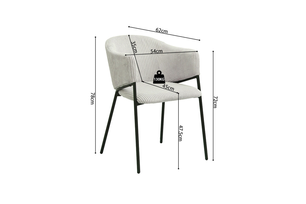 Stoel 'Hugo' Corduroy Lichtgrijs met wit frame, zwarte poten en zwart-wit gestreepte zitting, geschikt voor elke ruimte. Set van twee stuks per doos.