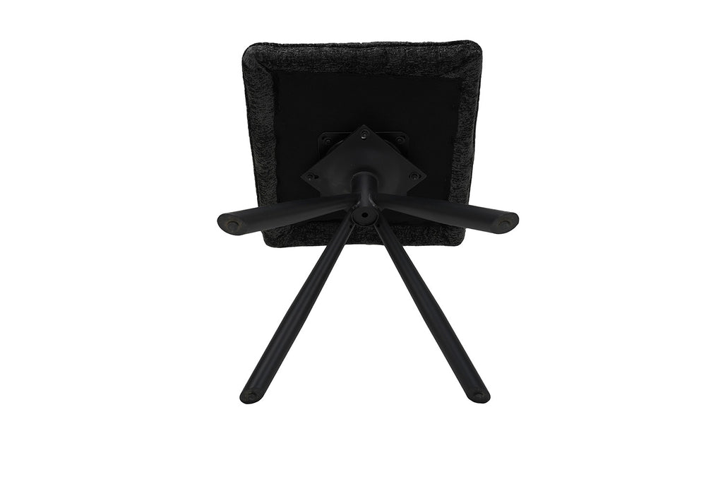 Stoel 'Jack' Draaibaar tot 0 Stof Donkergrijs, een zwarte stoel met vierkante zitting en metalen poten, perfect voor moderne interieurs.