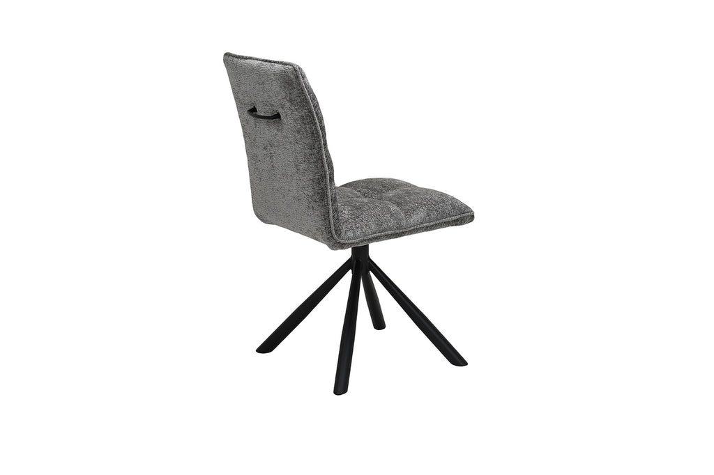 Stoel 'Jack' Draaibaar tot 0 Stof Grijs, een grijze stoel met zwarte poten, ideaal voor moderne interieurs. Verkocht in sets van twee.