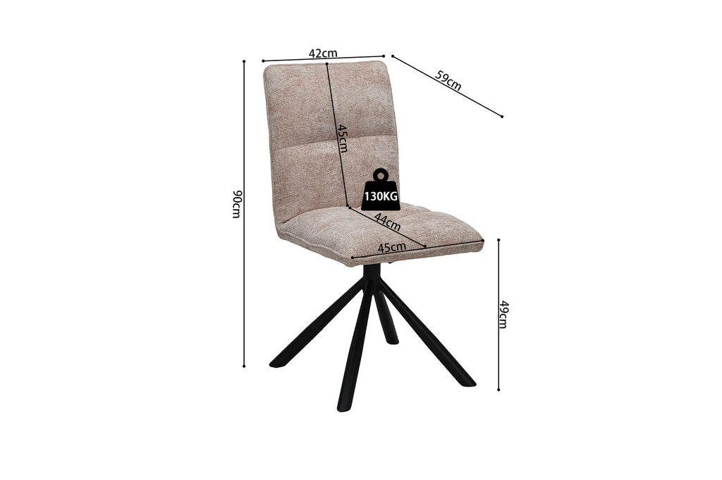 Stoel 'Jack' Draaibaar tot 0 Stof Zand, met metalen poten en stofbekleding, afgebeeld met afmetingen en gewichtsaanduiding. Geschikt voor Furndaily's diverse meubelassortiment.