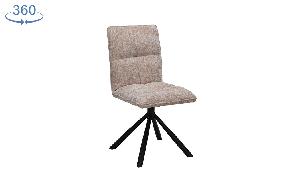 Stoel 'Jack' Draaibaar tot 0 Stof Zand, een elegante draaistoel met metalen poten en stoffen bekleding, ideaal voor elke ruimte in huis.