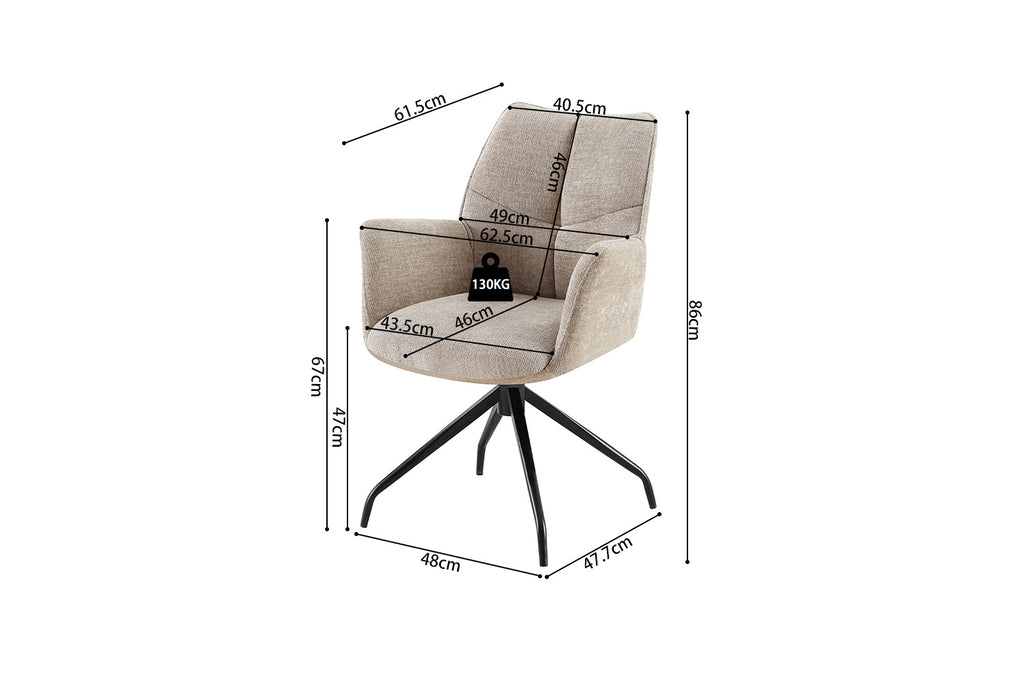 Stoel 'Lamor', draaibaar, met metalen poten en stoffen bekleding. Schets met afmetingen voor nauwkeurige weergave. Perfect voor elke woonruimte.