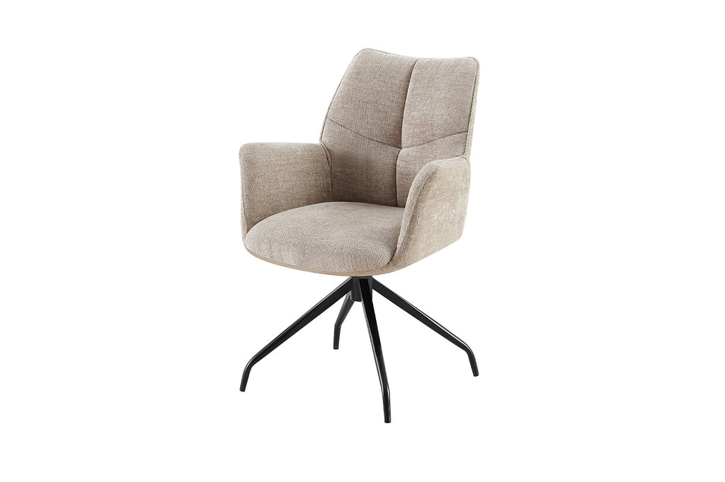 Stoel 'Lamor' draaibaar met zwarte poten en armleuningen, bekleed met Stof Davis Perfect Harmony 04 Zand, geschikt voor diverse ruimtes, verkocht per twee.