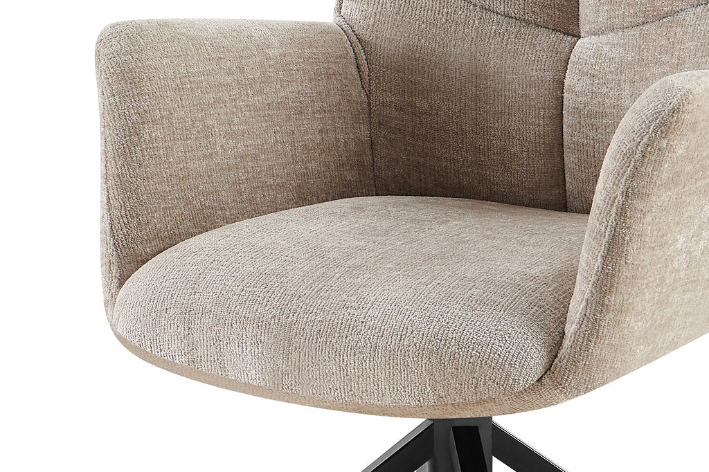 Stoel 'Lamor' draaibaar met armleuning, gemaakt van metaal en stof. Geschikt voor binnengebruik, verpakt per twee in doos.